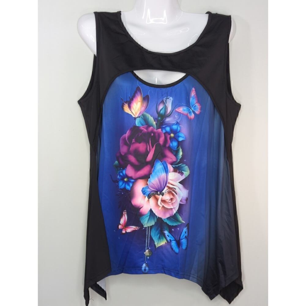 Rosegal Blue & Black Floral Front Cut Out Sleeveless Top Large NWT